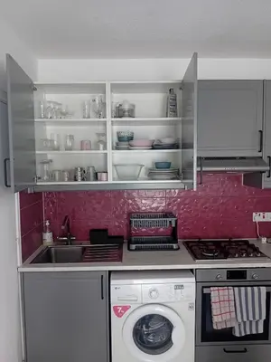 a kitchen with a sink and a washing machine at Smart 2 Bedroom Flat in Larnaka