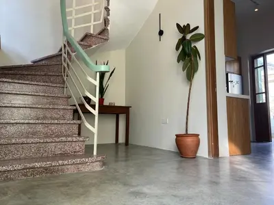 a staircase with a potted plant in a room at 1947 Rescued Stone House in Nicosia