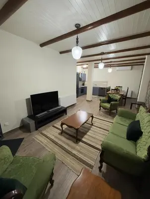a living room with green couches and a tv at To Petrino 2 Apartment -Authentic Comfort in the Heart of Kalopanayiotis in Kalopanayiotis