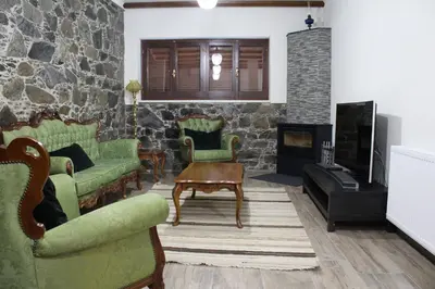a living room with green furniture and a stone wall at To Petrino 2 Apartment -Authentic Comfort in the Heart of Kalopanayiotis in Kalopanayiotis