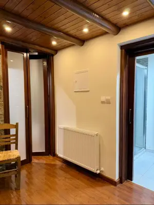 a room with two sliding glass doors and a radiator at To Petrino 4 Studio- Nature, Comfort & Tradition Under One Roof in Kalopanayiotis