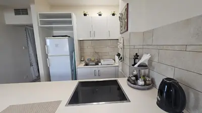 a kitchen with a sink and a white refrigerator at STAY Fantasia Central Suite in Nicosia