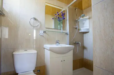 a small bathroom with a toilet and a sink at Villa Posidonas 3 in Protaras