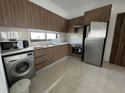 a kitchen with a refrigerator and a washing machine at Bright & cozy apartment in Livadia in Livadhia