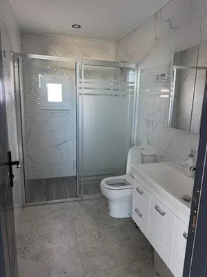 a bathroom with a shower and a toilet and a sink at Veray Homes Villa in Ayios Dhometios