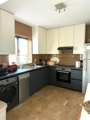 a kitchen with white cabinets and black appliances at Blue Edge Makenzy in Larnaka