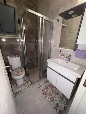 a bathroom with a shower and a toilet and a sink at Lapta Purple 2 bedroom in Peristerona