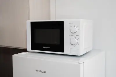 a microwave oven sitting on top of a white refrigerator at Stunning Mackenzie Sea Views Beach Flat,1 Bedroom in Larnaka