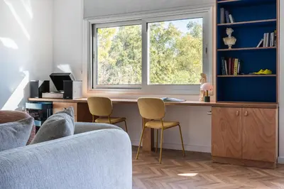 a home office with a desk and a window at Modern Luxury 2BR|Park View & Balcony in Nicosia