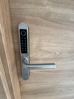 a silver door handle on a wooden door at Limassol center Soul in Limassol