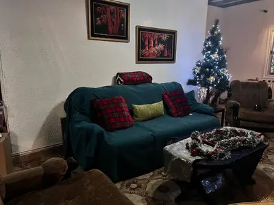a living room with a green couch and a christmas tree at Mountain Retreat in Kakopetria, Cyprus - Perfect for Families in Kakopetria