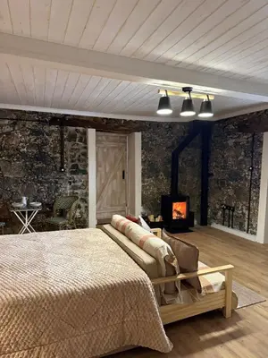 a bedroom with a large bed and a fireplace at Aprosmeno Jacuzzi House 6 in Agros