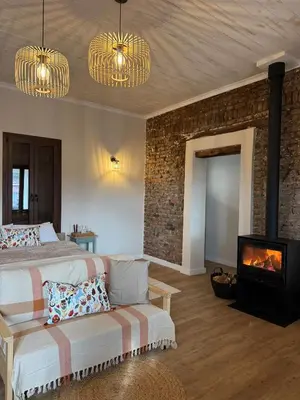 a bedroom with a bed and a fireplace and a tv at Aprosmeno Jacuzzi House 7 in Agros