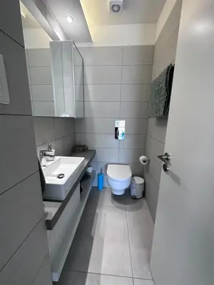a small bathroom with a sink and a toilet at Mythical Sands 2 - B in Paralimni
