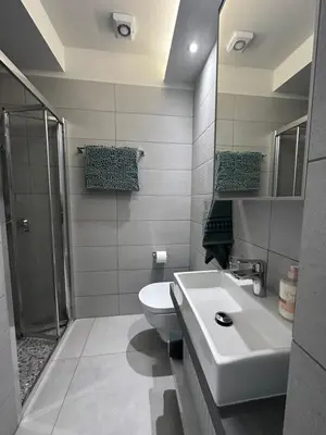 a bathroom with a sink and a toilet and a shower at Mythical Sands 2 - B in Paralimni