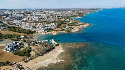 an aerial view of a beach and the ocean at Ayia Triada Beach Gardens in Protaras