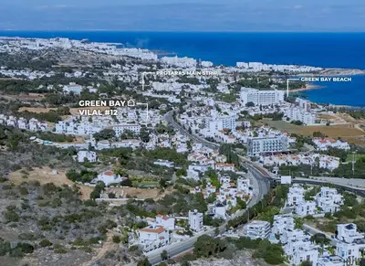 an aerial view of the city of green bay and the ocean at Green Bay Villa #12 in Protaras