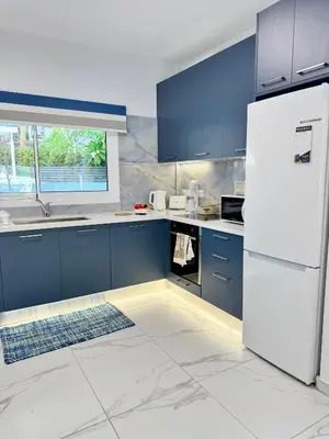 a kitchen with blue cabinets and a white refrigerator at Modern 2BR Villa with Heated Hot Tub and Steps to Beach in Paralimni