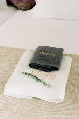 a book on a towel with a christmas tree on it at Nesea Seaside Luxury Escape in Paralimni