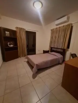 a bedroom with a bed and a desk in a room at Maria's Garden House in Pelendri