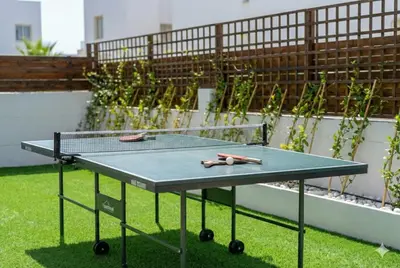 a ping pong table sitting on top of grass at Fig Tree Beach Villa Four in Protaras