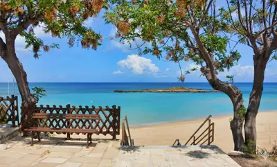 a bench sitting on the beach next to the ocean at Fig Tree Beach Villa Five in Protaras
