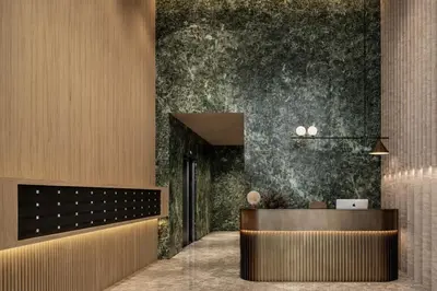 a lobby with a reception desk in a building at Stasikratous Residence - 10th Floor Gym in Nicosia