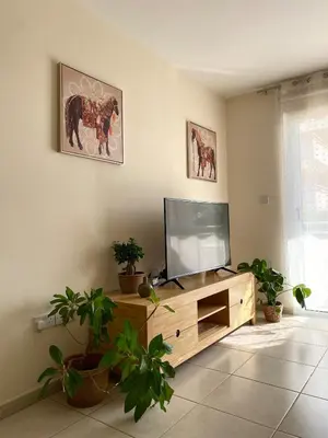 a living room with a flat screen tv on a wooden cabinet at NISSI Elena BEACH apt in Ayia Napa