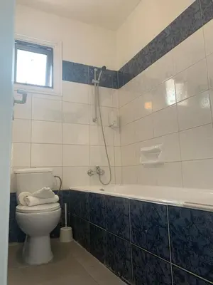 a bathroom with a toilet and a bath tub at Flora Maria Hotel in Ayia Napa