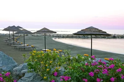 a row of umbrellas on a beach with flowers at Crowne Plaza Limassol by IHG in Limassol