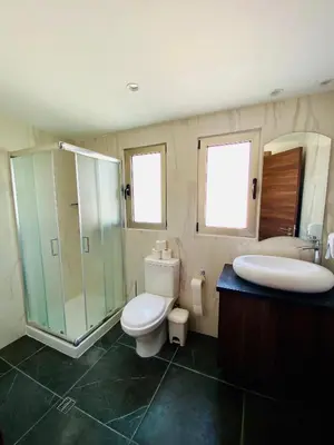 a bathroom with a toilet and a shower and a sink at Eleonora Hotel Apartments in Larnaka