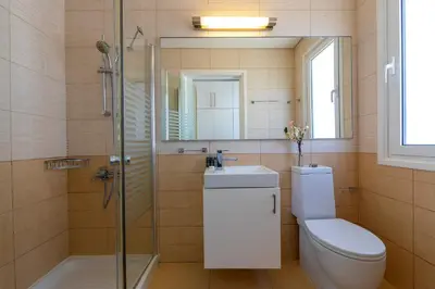 a bathroom with a toilet and a sink and a mirror at Protaras Beachfront Villa Alia in Protaras