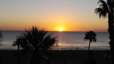 a sunset on the beach with palm trees and the ocean at Alex Beach Apartment 51 in Larnaka