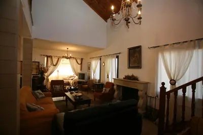 a living room with a couch and a fireplace at Villa Vasa in Vasa Kilaniou