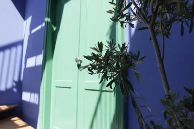 a green door next to a blue wall with a plant at To Konatzi tis Marikas tzai tou Yianni in Kato Drys