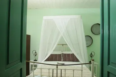 a bedroom with a bed with a curtain at To Konatzi tis Marikas tzai tou Yianni in Kato Drys