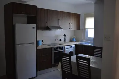 a kitchen with a white refrigerator and wooden cabinets at P L PANAGIOTIS Apartment in Larnaka