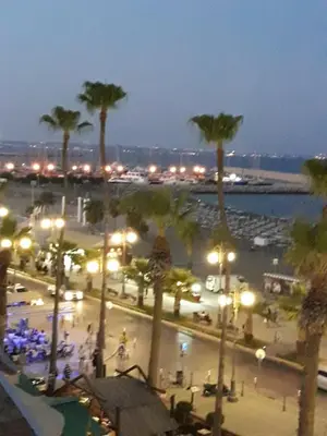 a city with palm trees and a harbor at night at P L PANAGIOTIS Apartment in Larnaka