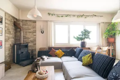 a living room with a couch and a cat sitting on a table at Vas' Penthouse in Nicosia