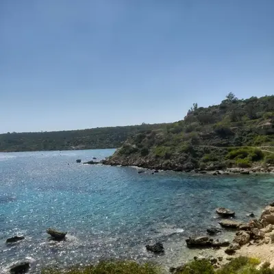 a view of a beach with blue water and trees at Marias Villa in Protaras