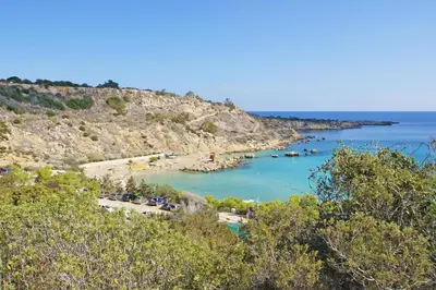 a view of a beach with boats in the water at Villa Celine in Protaras