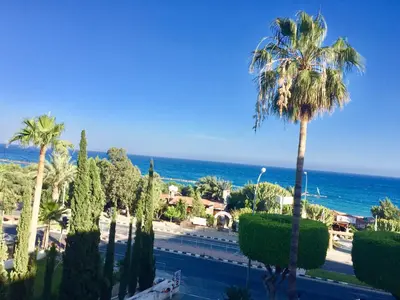 a view of a street with palm trees and the ocean at Sea View Apartment in Limassol