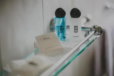 a glass shelf with a toothbrush and a bottle of toothpaste at Alkisti City Hotel in Larnaka