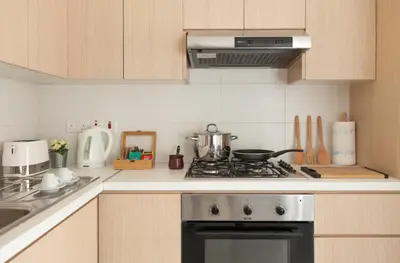 a kitchen with a stove top oven next to a sink at Myrtiana Apartments in Nicosia