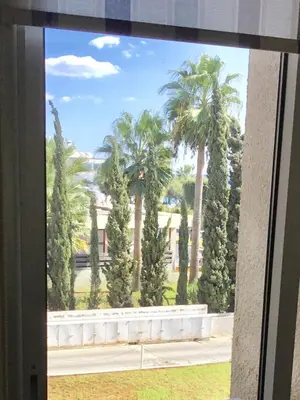 a view from a window of a building with palm trees at Andreas Apartment in Limassol