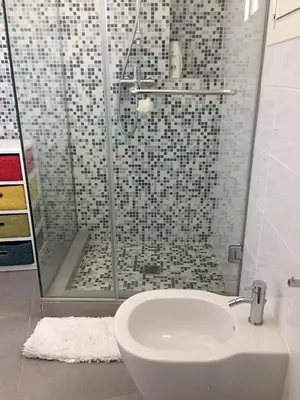 a bathroom with a shower with a toilet and a sink at Casa Vacanze Baciata in Ayios Theodhoros