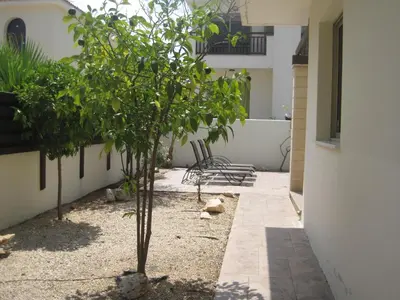 a courtyard with trees and a cat sitting next to a building at Polyxenia Isaak Villa Heaven Pernera in Protaras