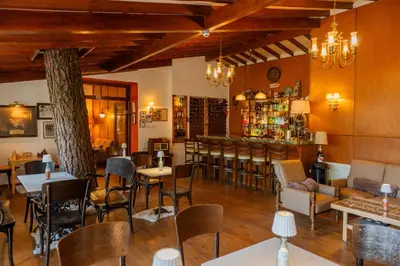 a restaurant with tables and chairs and a bar at New Helvetia Historic Hotel in Platres