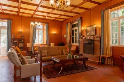 a living room filled with furniture and a fireplace at New Helvetia Historic Hotel in Platres