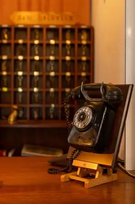 an old fashioned phone sitting on a table at New Helvetia Historic Hotel in Platres